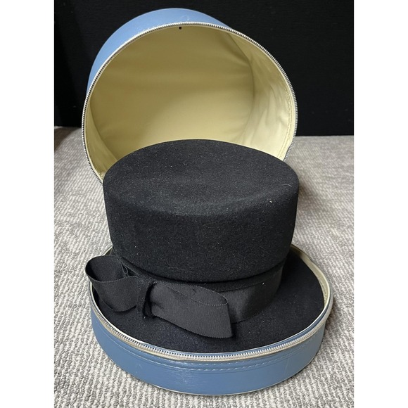 Vintage Merrimac Fur Felt Women\'s Hat Black Pillbox‎ Breton Size 7 1/8 w/ Case main image 5
